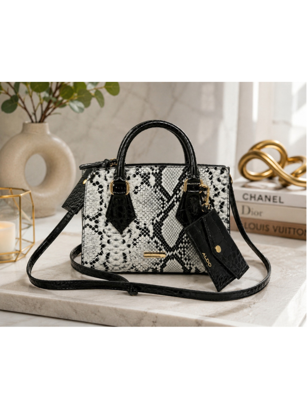 Women's ALDO Satchel Bag One Size White Black Snakeskin Print